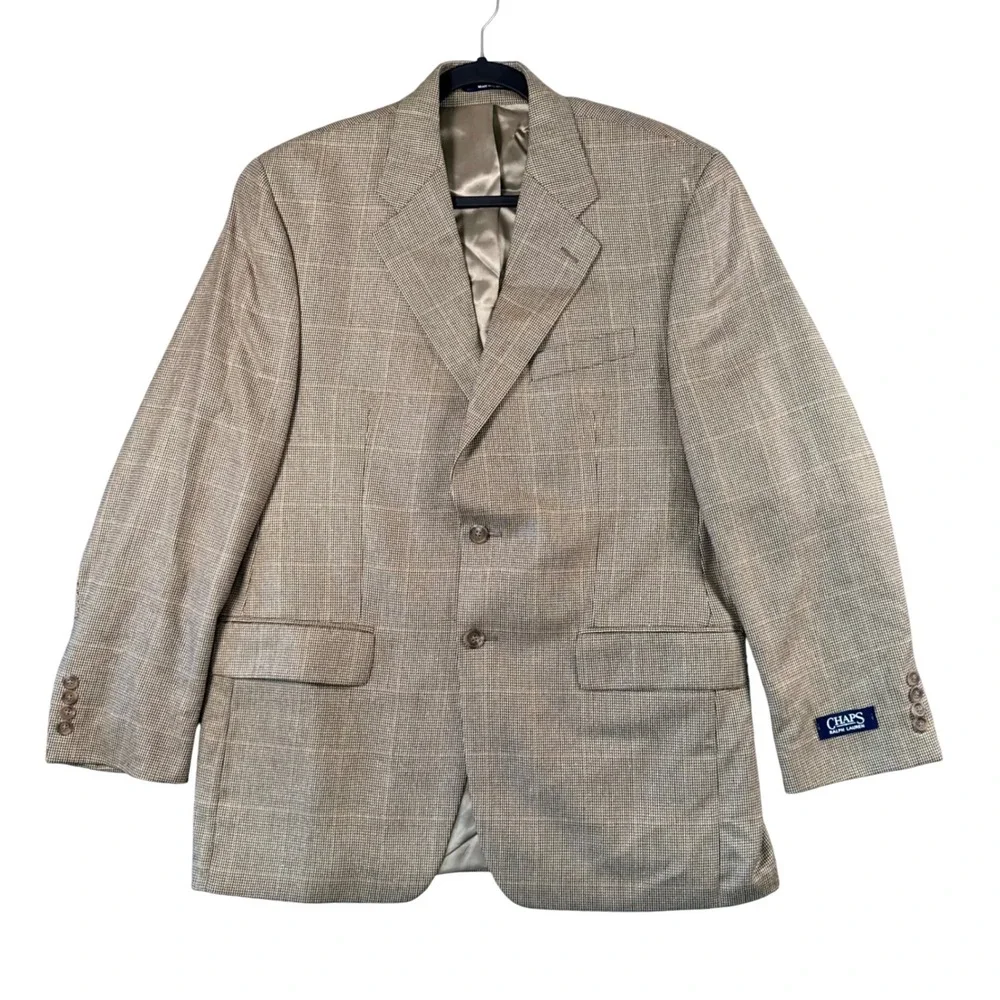 VTG Chaps Ralph‎ Lauren Blazer 40R Tan Plaid Old Money Tradcore Ivy League New